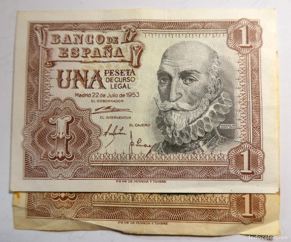 Billetes espa&ntilde;oles: Pareja correlativa de 1 Peseta 1953 Marqu&eacute;s de Santa Cruz 1 SC y 1 Circulado