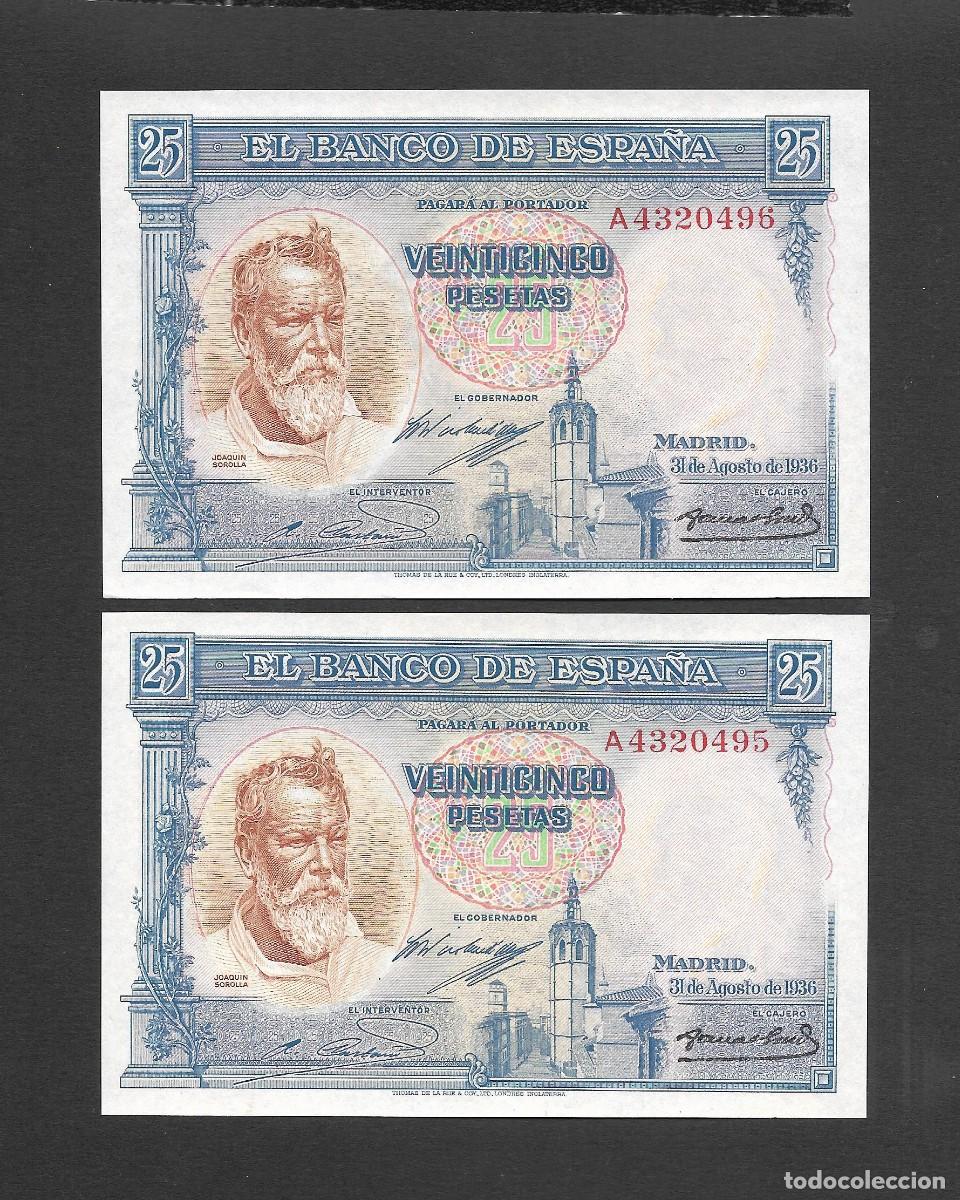 Billetes espa&ntilde;oles: PAREJA CORRELATIVA 25 PESETAS 1936 SERIE A S/C