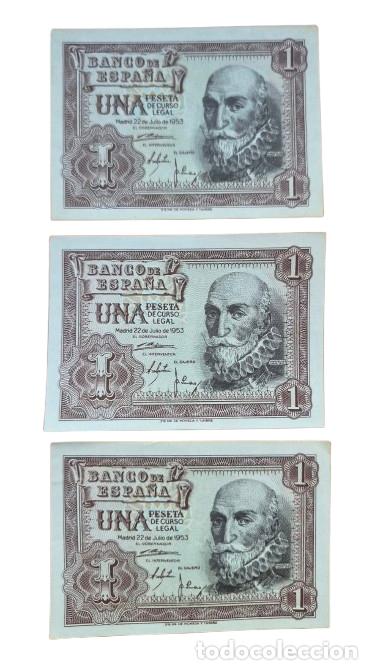 Billetes espa&ntilde;oles: ESPA&Ntilde;A. Lote 3 billetes. TRIO. SERIE C. BILETE 1 PESETA 1953. EBC+