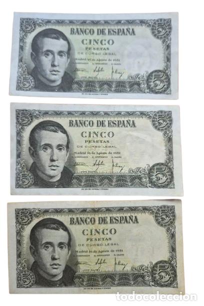Billetes espa&ntilde;oles: ESPA&Ntilde;A. Lote 3 billetes. SERIE IG. BILETE 5 PESETAS 1951. Entre MBC/MBC+