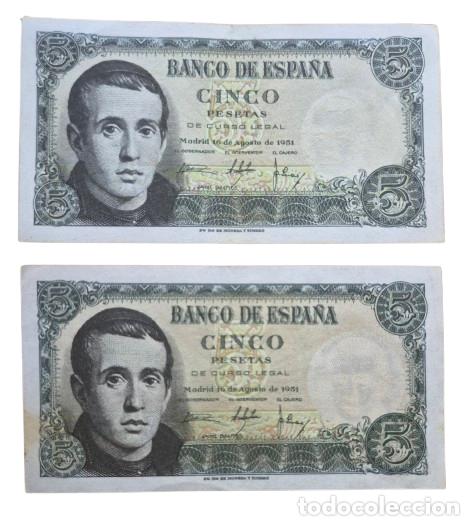 Billetes espa&ntilde;oles: ESPA&Ntilde;A. Lote 2 billetes. SERIE C y J. BILETE 5 PESETAS 1951. MBC