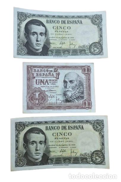 Billetes espa&ntilde;oles: ESPA&Ntilde;A. Lote 3 billetes. 2 BILETE 5 PESETAS 1951 y 1 peseta 1953. Entre MBC+/EBC