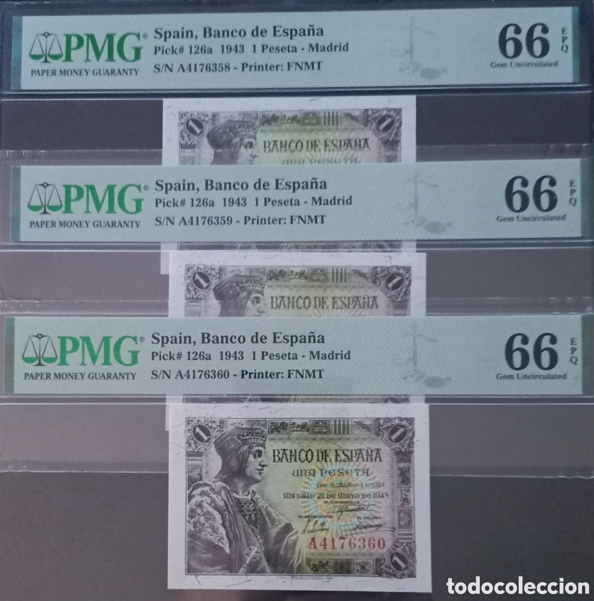 Billets espagnols: Trio correlativo 1 PESETA 1943 -FERNANDO EL CAT&Oacute;LICO- PMG 66 EPQ, serie A