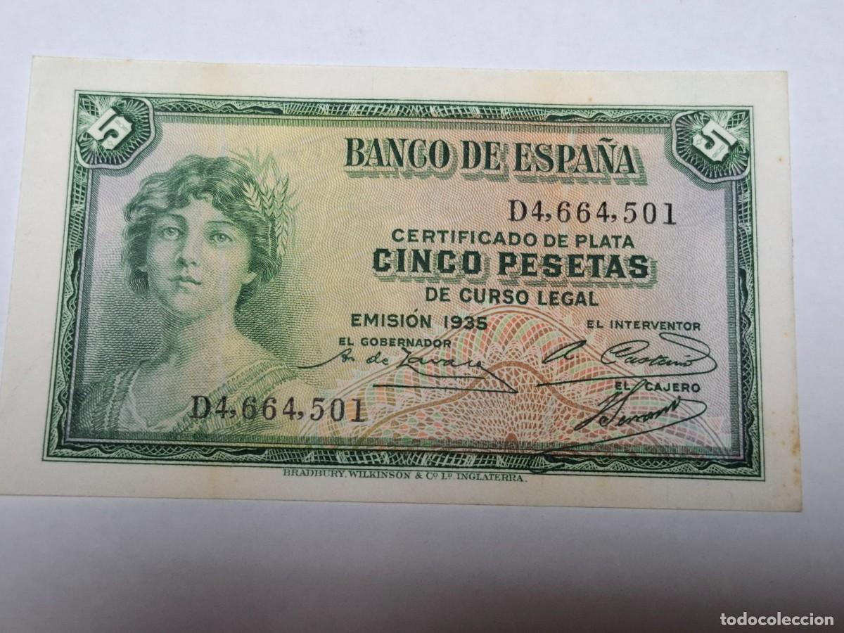 Billetes espa&ntilde;oles: Billete de CINCO PESETAS, EMISI&Oacute;N DE 1935 BANCO DE ESPA&Ntilde;A con serie D, en PLANCHA