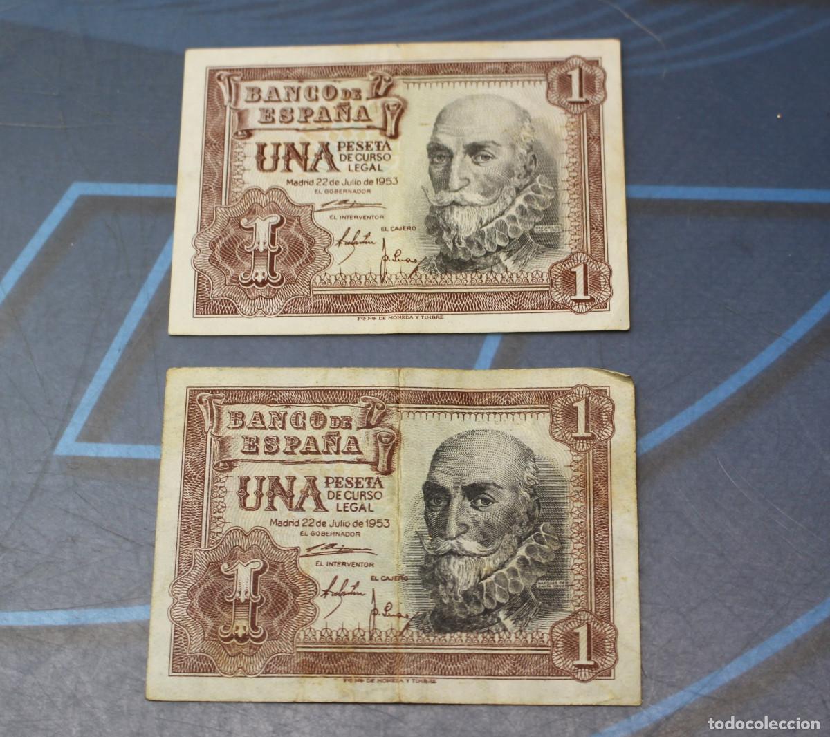 Billetes espa&ntilde;oles: 2 Billetes de 1 Peseta 1953 (una peseta).