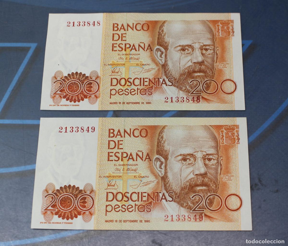 Billetes espa&ntilde;oles: 06. 2 Billetes de 200 Pesetas 1980, n&uacute;meros correlativos (doscientas pesetas).