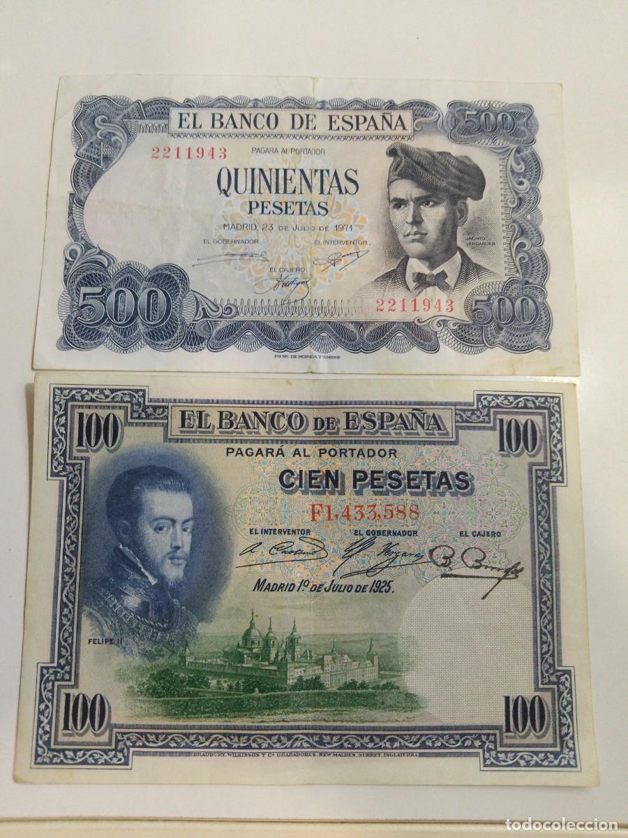 Billetes espa&ntilde;oles: 2 billetes espa&ntilde;oles 100 y 500 pesetas