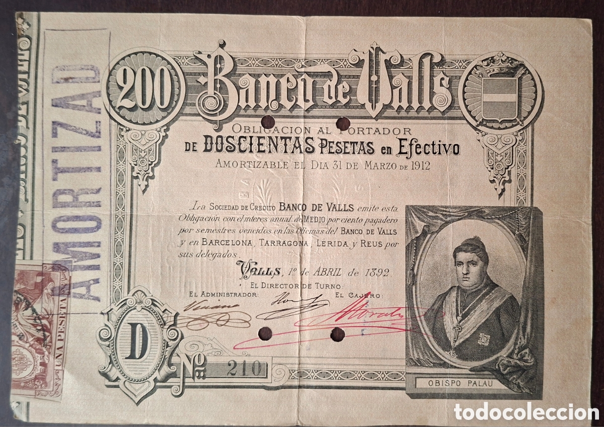 Billetes espa&ntilde;oles: Billete Banco de Valls obligaci&oacute;n 200 pesetas 1892 Obispo Palau