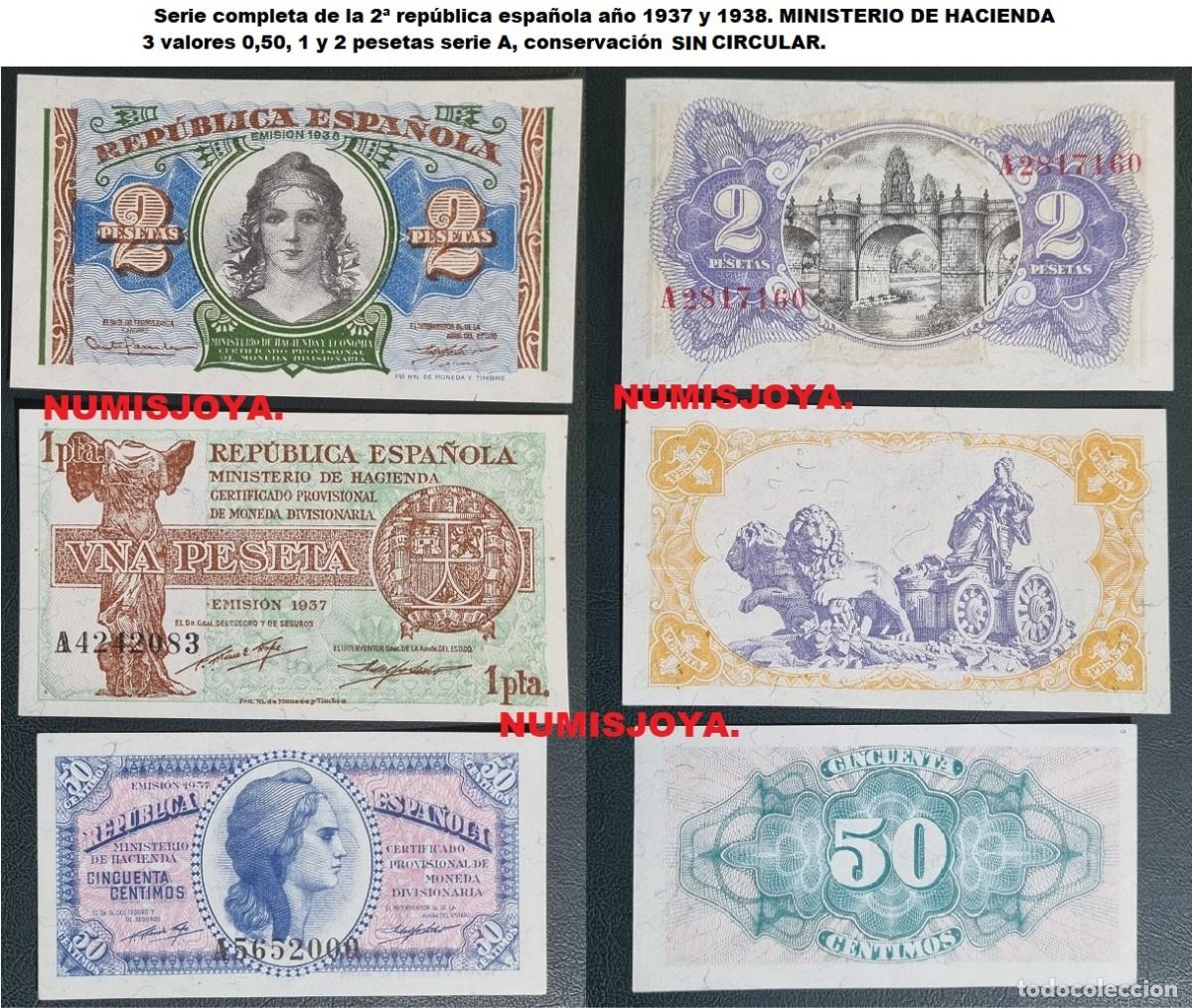 Billetes espa&ntilde;oles: Serie completa 3 valores de la 2&ordf; rep&uacute;blica espa&ntilde;ola a&ntilde;o 1937 y 1938. SIN CIRCULAR PLANCHA. BONITOS.
