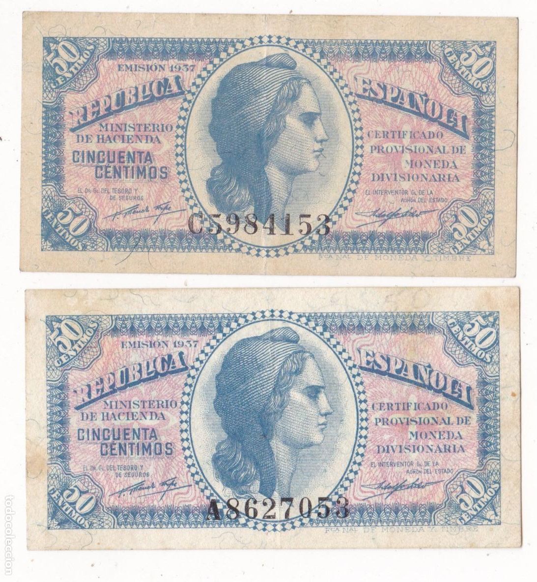 Billetes espa&ntilde;oles: F6-6- BILLETES 50 C&eacute;ntimos 1937. Series A y C