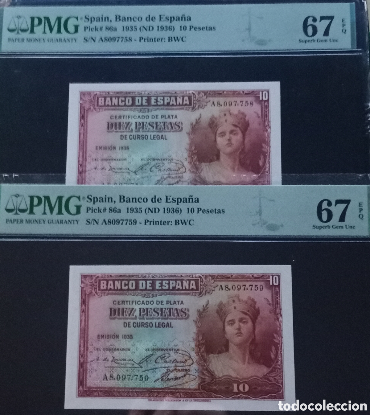 Billetes espa&ntilde;oles: Pareja correlativa 10 PESETAS a&ntilde;o 1935, PMG 67 EPQ, serie A
