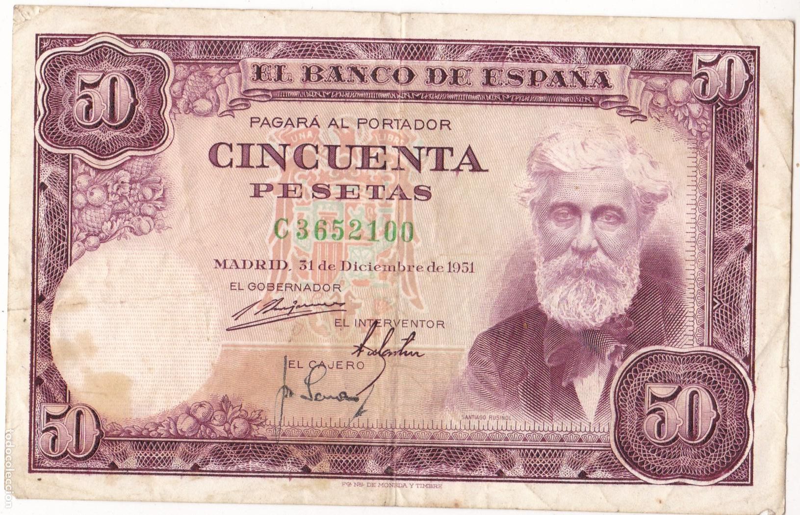 Notas espanholas: F6-14- BILLETE 50 Pesetas 1951.