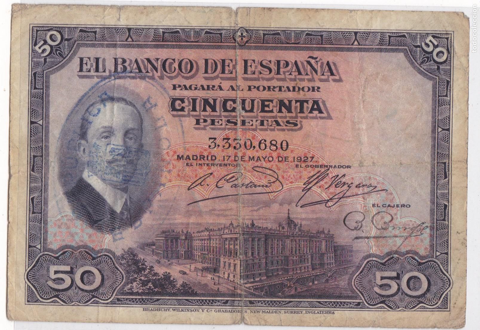 Billetes espa&ntilde;oles: F6-22- BILLETE 50 Pesetas 1927. Marca Tamp&oacute;n REPUBLICA