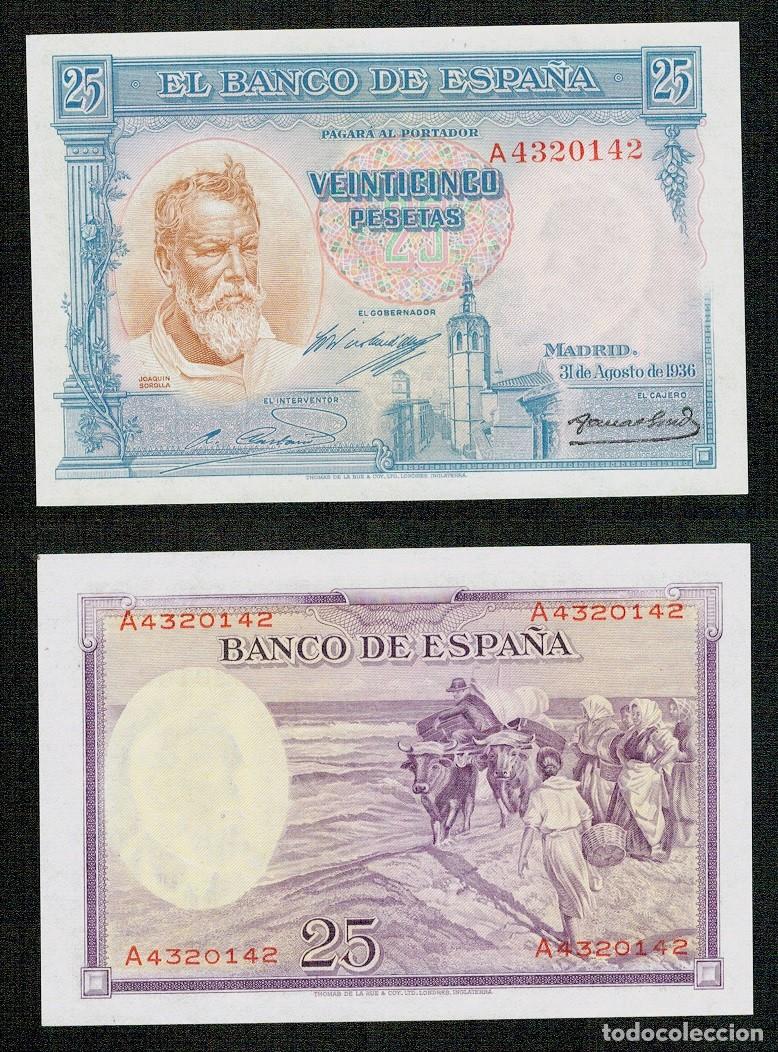 Billetes espa&ntilde;oles: Billete de 25 Pesetas a&ntilde;o 1936 Joaqu&iacute;n Sorolla serie A 4320142. SIN CIRCULAR PLANCHA. RARO.