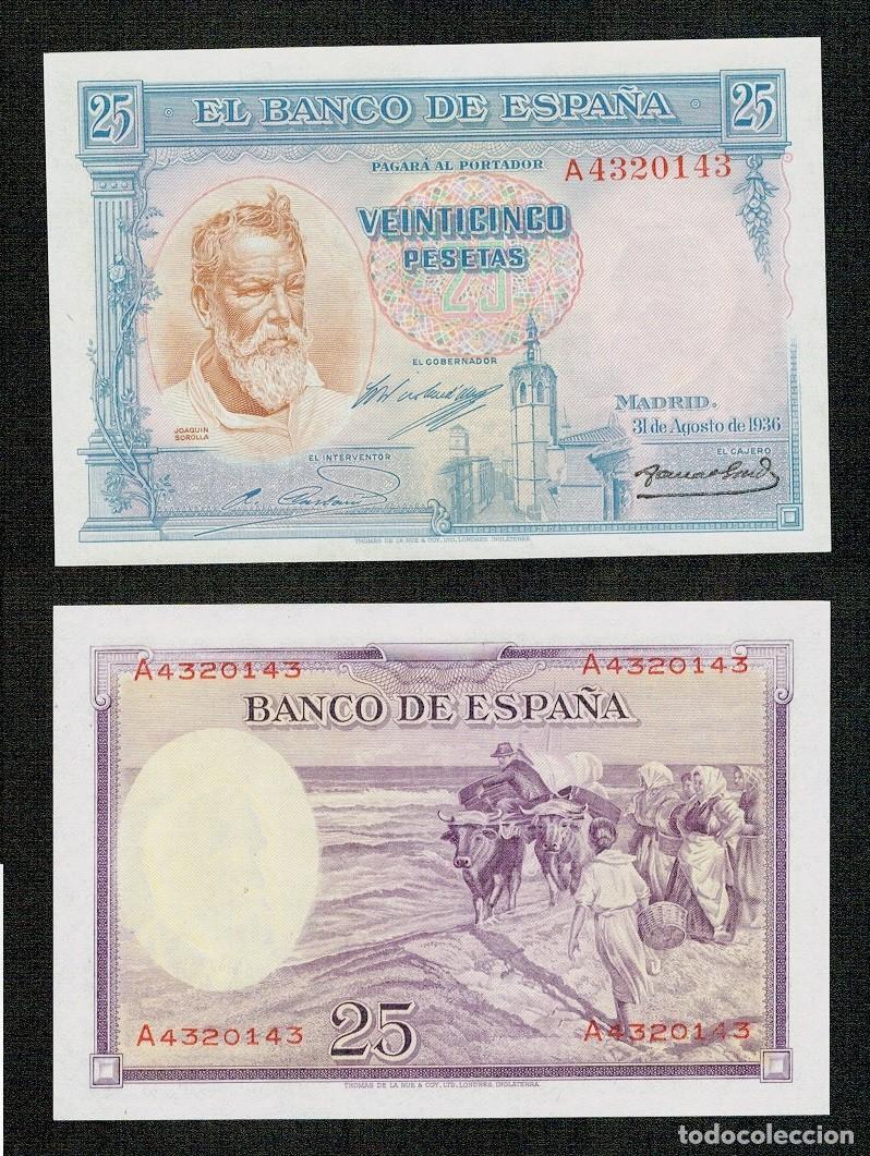 Billetes espa&ntilde;oles: Billete de 25 Pesetas a&ntilde;o 1936 Joaqu&iacute;n Sorolla serie A 4320143. SIN CIRCULAR PLANCHA. RARO.