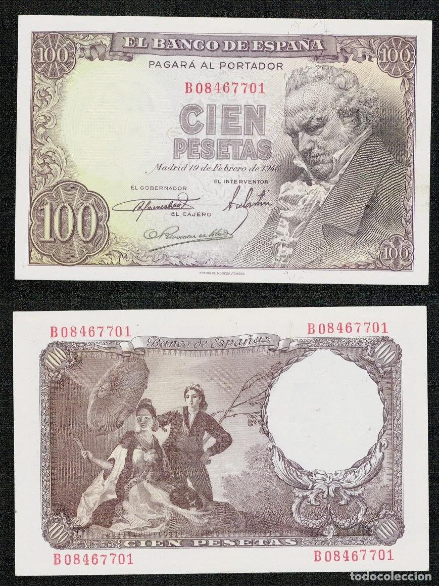 Billetes espa&ntilde;oles: 100 Pesetas a&ntilde;o 1946 serie B 08467701. NO HA CIRCULADO PERO TIENE DOBLEZ. ESCASO - BONITO.