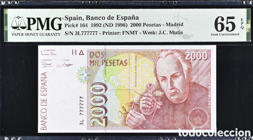 Billetes espa&ntilde;oles: Billete 2000 PESETAS 1992 -C. MUTIS- PMG 65 EPQ, serie 3L 777777, capic&uacute;a s&oacute;lido, S&oacute;lido #7's