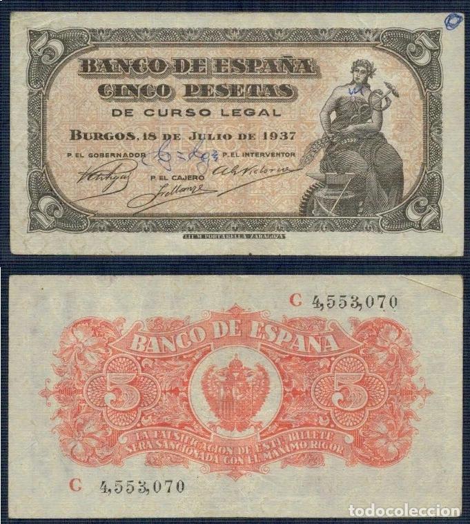 Billetes espa&ntilde;oles: ESTADO ESPA&Ntilde;OL 5 pesetas a&ntilde;o 1937 BURGOS. Serie C 4,553,070 en MBC, ESCASO.