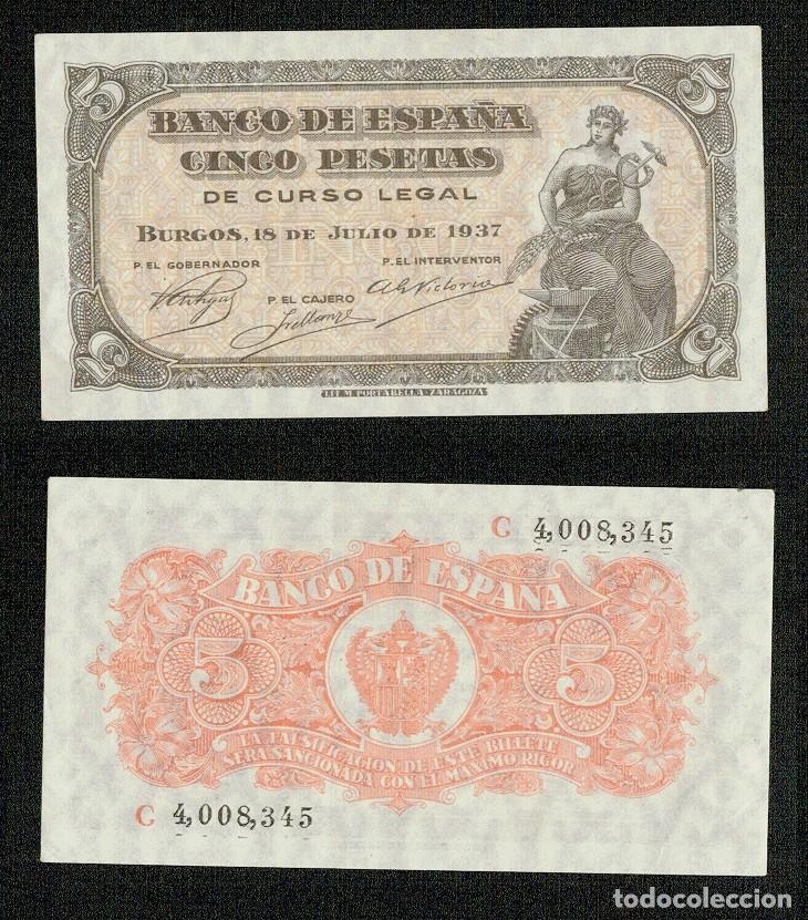 Billetes espa&ntilde;oles: BONITO y DIFICIL billete de 5 pesetas BURGOS 18 Julio 1937. Serie C 4,008,345. EBC+/SC-.
