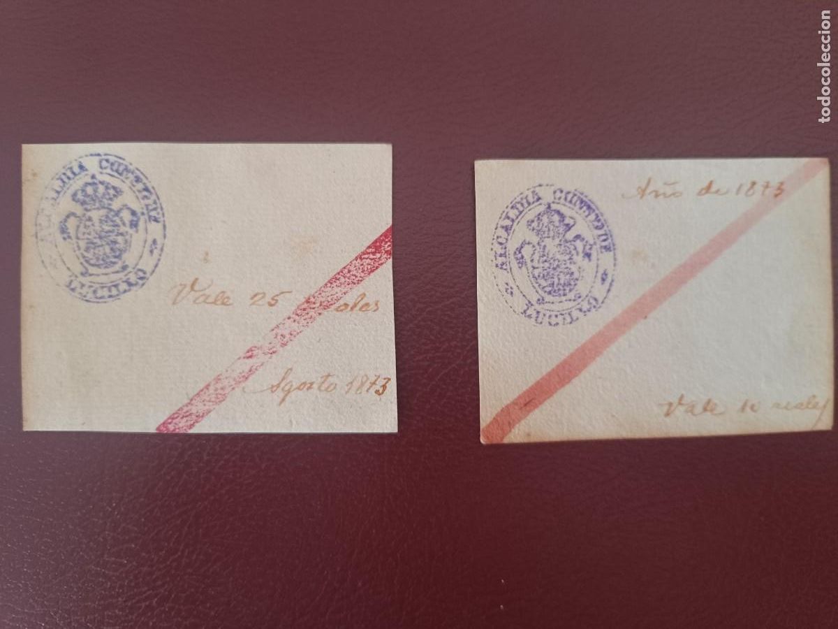 Billetes espa&ntilde;oles: Lote raros Vale carlistas reales 1873, de 10 y 25.&rdquo;Viva Carlos&rdquo;