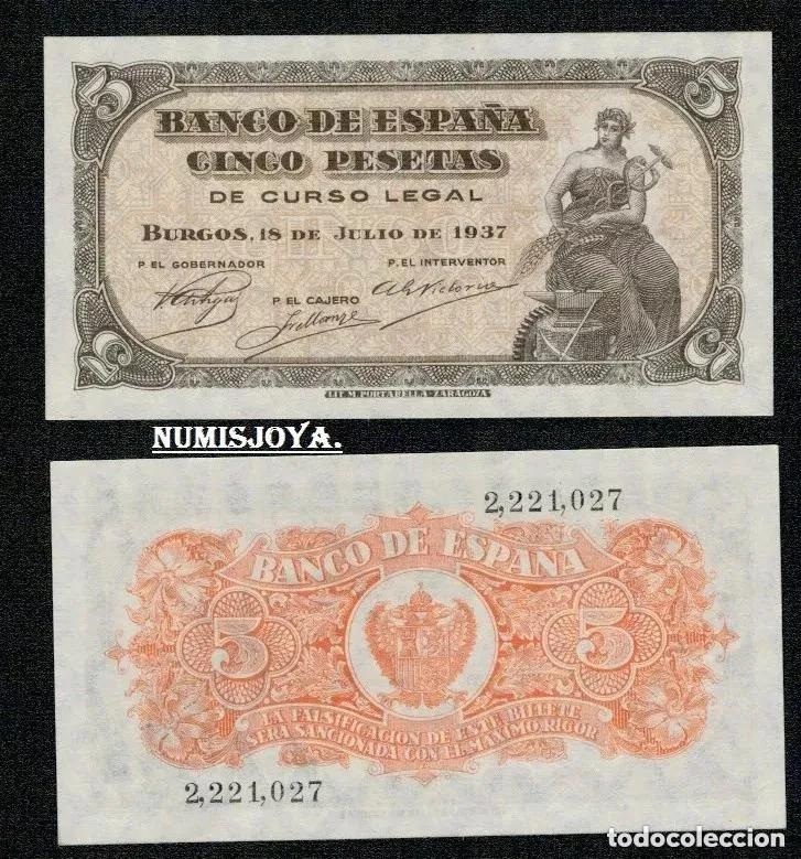 Billetes espa&ntilde;oles: 5 pesetas Burgos Julio 1937. OJO SIN SERIE 2221027. SIN CIRCULAR, EN ESTA CONSERVACI&Oacute;N ES RARO.