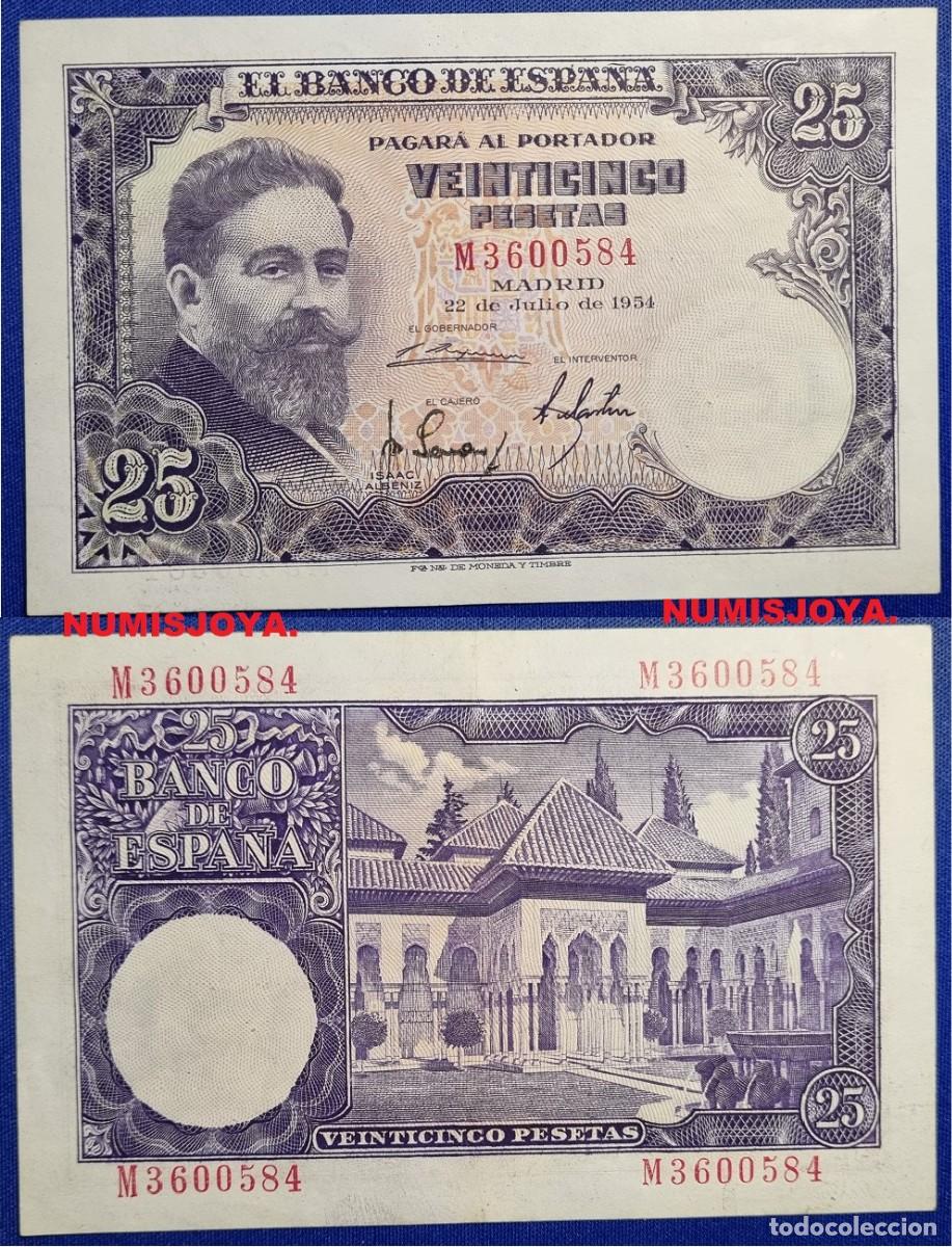Billetes espa&ntilde;oles: BONITO BILLETE DE 25 PESETAS 1954 SERIE M 3600584. NO CIRCULADO CON MUY FINO DOBLEZ.