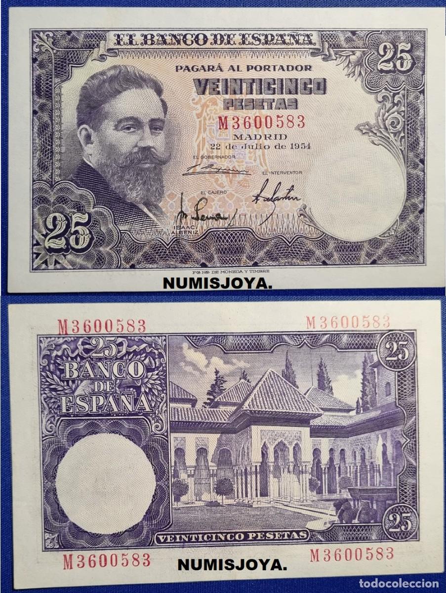 Billetes espa&ntilde;oles: BONITO BILLETE DE 25 PESETAS 1954 SERIE M 3600583. NO CIRCULADO CON MUY FINO DOBLEZ.