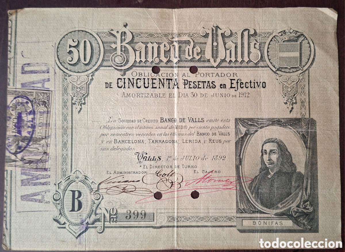 Billetes espa&ntilde;oles: Banco de Valls obligaci&oacute;n 50 pesetas en Efectivo 1892