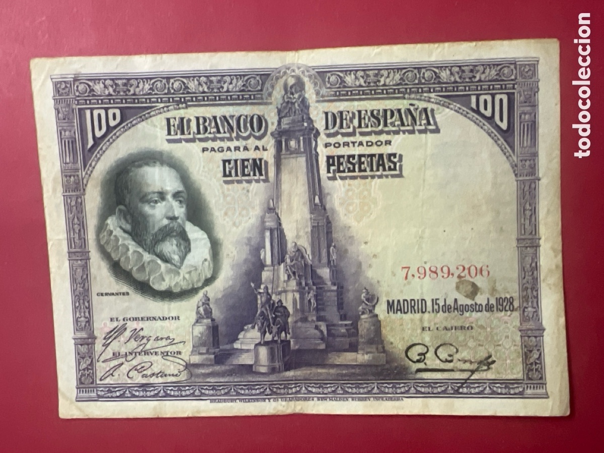 Billetes espa&ntilde;oles: 167B. Espa&ntilde;a 100 Pesetas Cervantes 1928