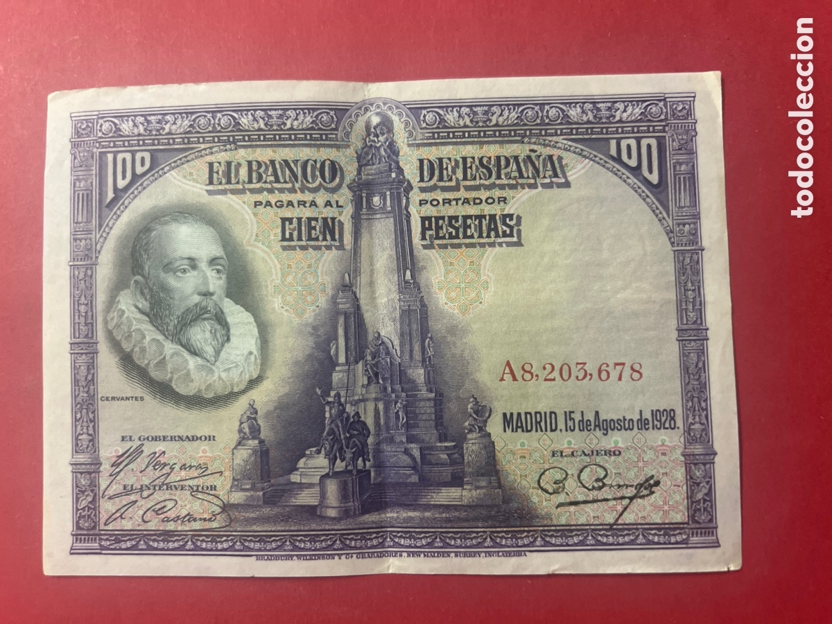 Billetes espa&ntilde;oles: 170B. Espa&ntilde;a 100 Pesetas Cervantes 1928