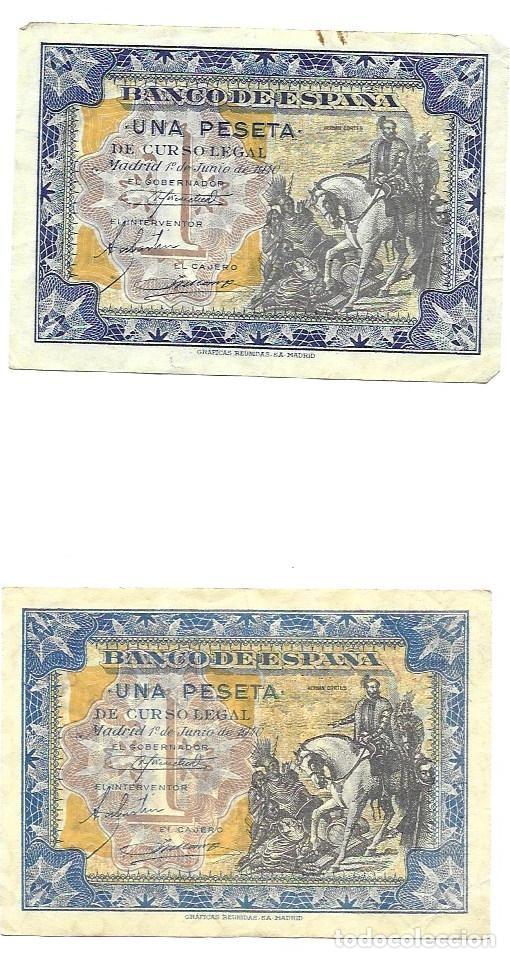 Billetes espa&ntilde;oles: Dos billetes de UNA PESETA azul, amarillo y marr&oacute;n, 1 de Junio de 1940