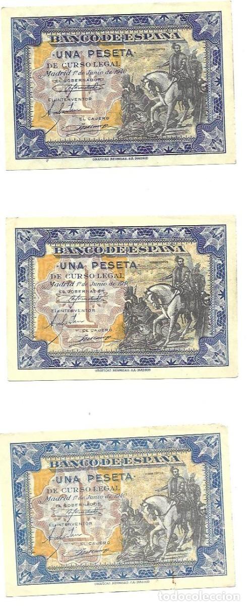 Billetes espa&ntilde;oles: Tres billetes de UNA PESETA azul, amarillo y marr&oacute;n, 1 de Junio de 1940.