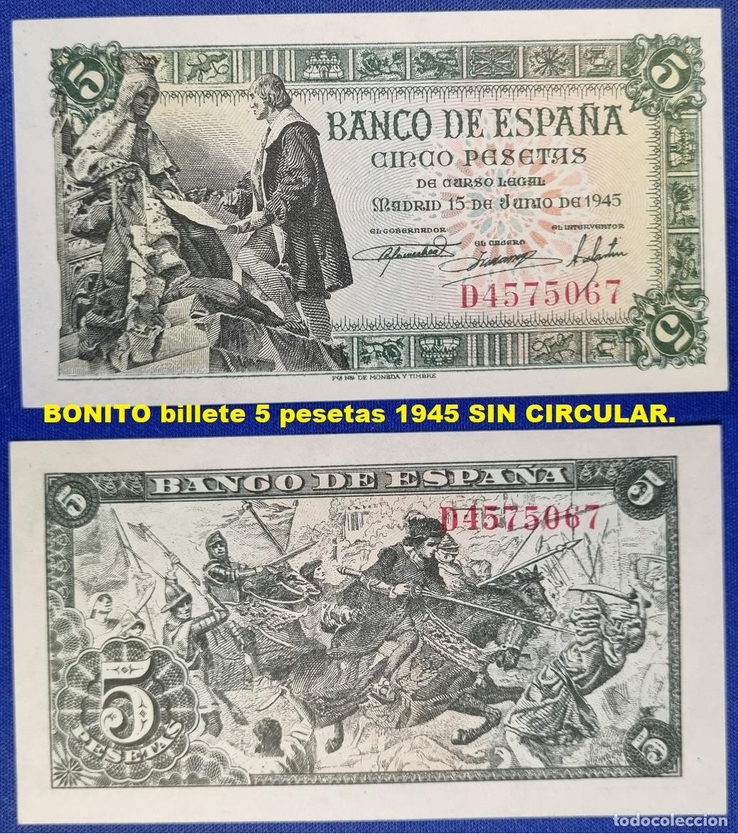 Billetes espa&ntilde;oles: BILLETE de 5 Pesetas 1945 Serie D. N&ordm; 4575067. SIN CIRCULAR MUY BONITO.