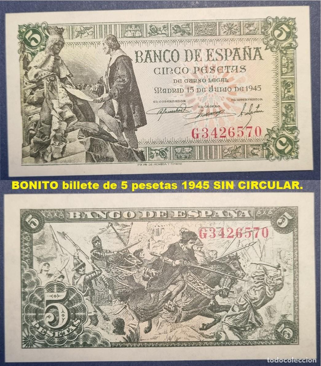 Billetes espa&ntilde;oles: BILLETE de 5 Pesetas 1945 Serie G 3436570. SIN CIRCULAR MUY BONITO.