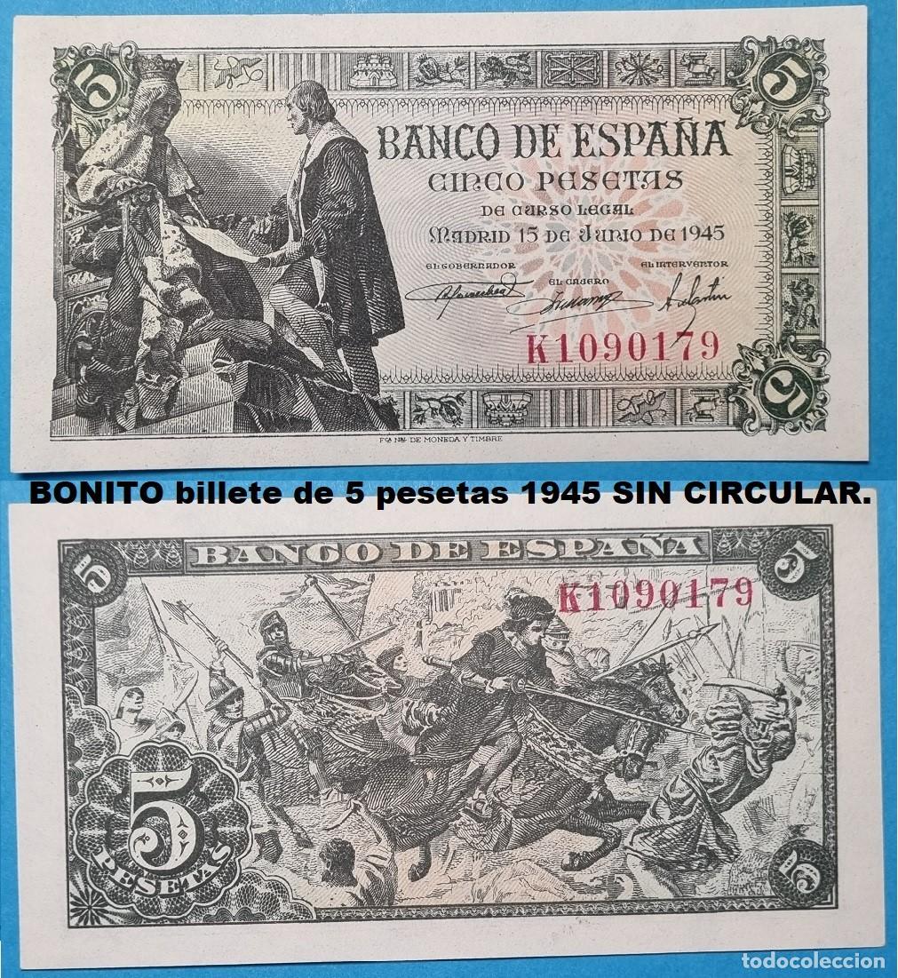 Billetes espa&ntilde;oles: BILLETE de 5 Pesetas 1945 Serie K. N&ordm; 1090179. SIN CIRCULAR MUY BONITO.