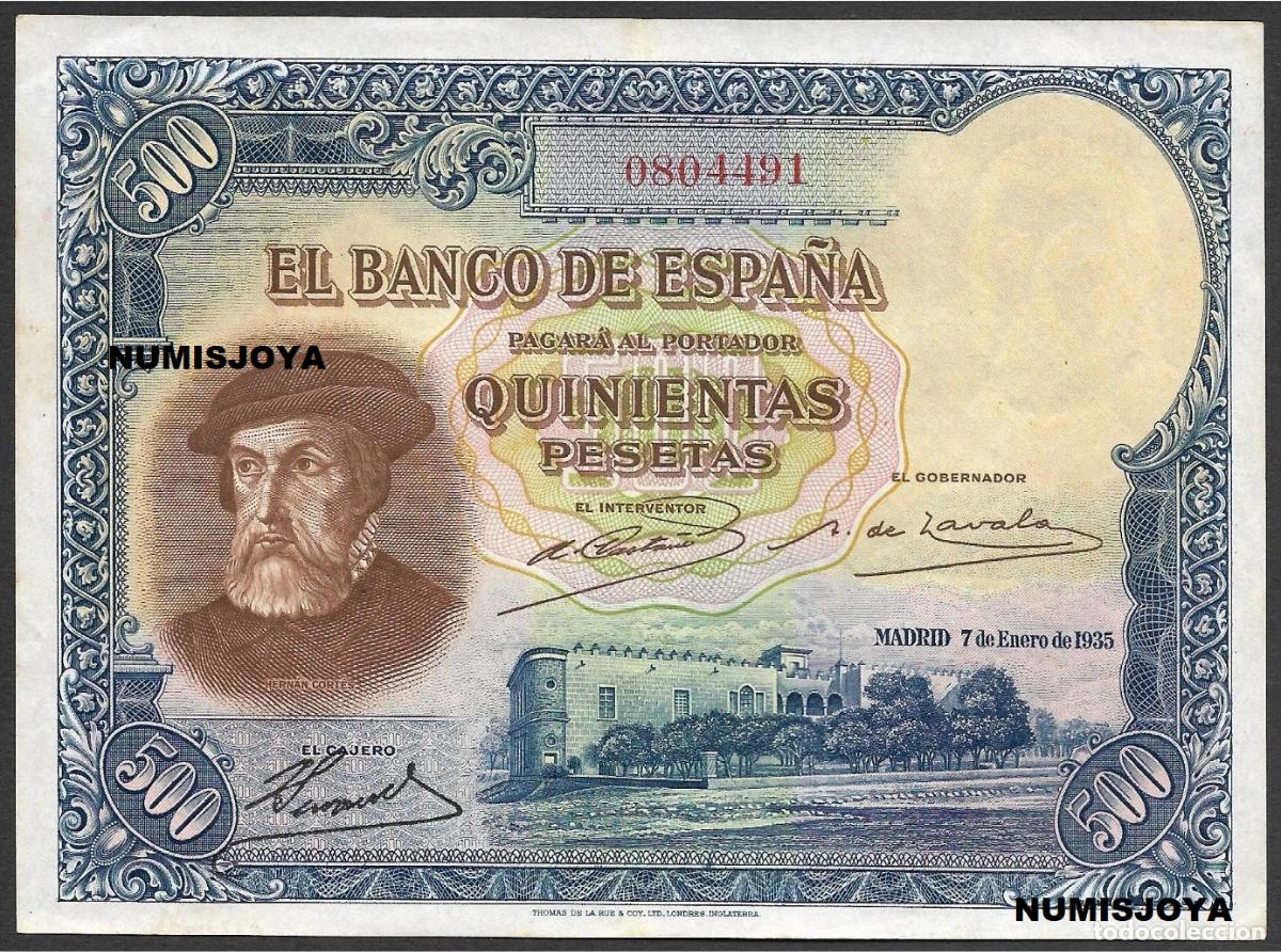 Billetes espa&ntilde;oles: RARO billete 500 Pesetas 1935 &rdquo;Hern&aacute;n Cort&eacute;s&rdquo; 0804491. POCO CIRCULADO CON DOBLEZ CENTRAL - BONITO.