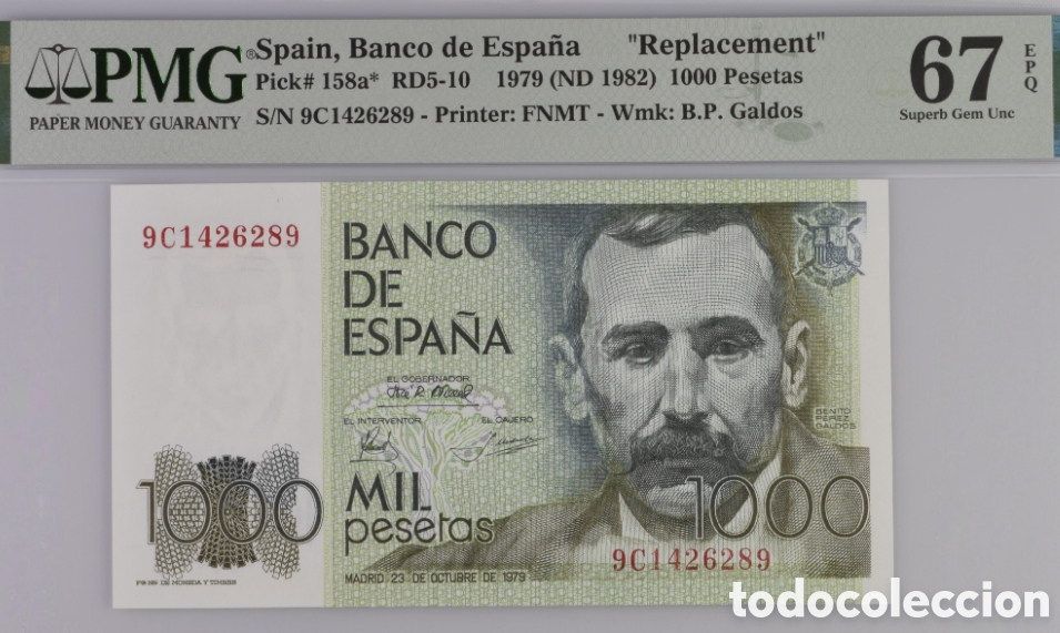 Billetes espa&ntilde;oles: Billete 1000 PESETAS 1979 -PEREZ GALD&Oacute;S- PMG 67 EPQ, serie 9C