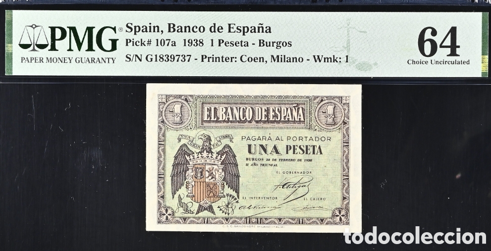 Billetes espa&ntilde;oles: Billete 1 PESETA febrero 1938 -BURGOS- PMG 64, serie G, &uacute;ltima serie emitida