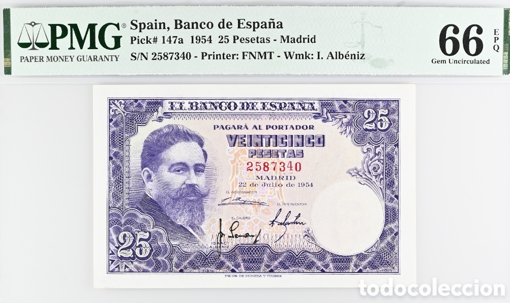 Billetes espa&ntilde;oles: Billete 25 PESETAS 1954 -ISAAC ALB&Eacute;NIZ- PMG 66 EPQ, sin serie