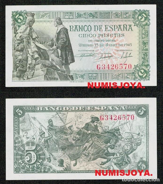 Notas espanholas: BILLETE de 5 Pesetas 1945 Serie G 3436570. SIN CIRCULAR MUY BONITO.
