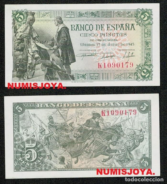 Notas espanholas: BILLETE de 5 Pesetas 1945 Serie K. N&ordm; 1090179. SIN CIRCULAR MUY BONITO.
