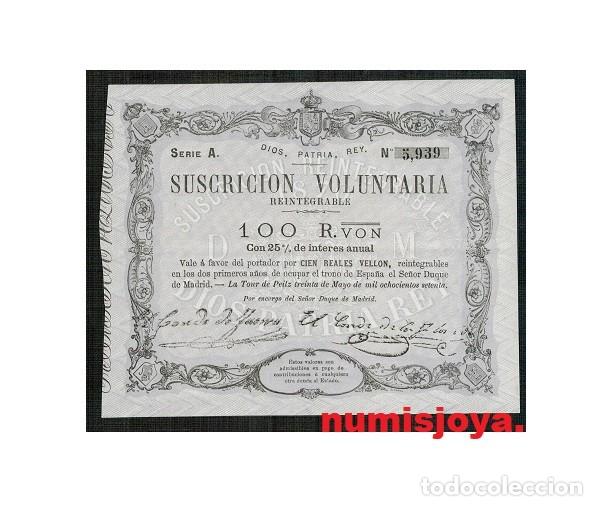 Billetes espa&ntilde;oles: Carlos VII (pretendiente). Tour de Peilz. 100 Reales Vell&oacute;n a&ntilde;o 1870 N.&ordm; 5938. NO CIRCULADO DOBLEZ.