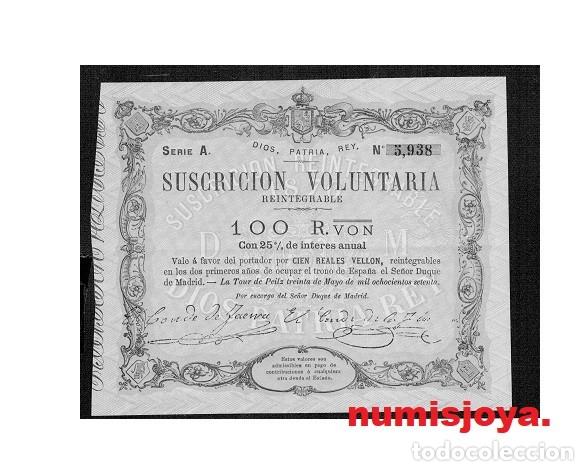 Billetes espa&ntilde;oles: Carlos VII (pretendiente). Tour de Peilz. 100 Reales Vell&oacute;n a&ntilde;o 1870 N.&ordm; 5939. NO CIRCULADO DOBLEZ.