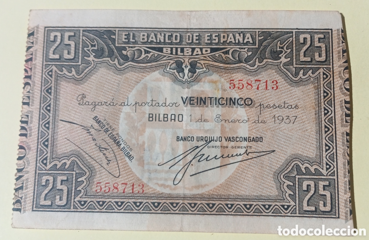 Billetes espa&ntilde;oles: 25 Pesetas 1937 - Bilbao - Banco Urquijo Vascongado 558713 - Rc