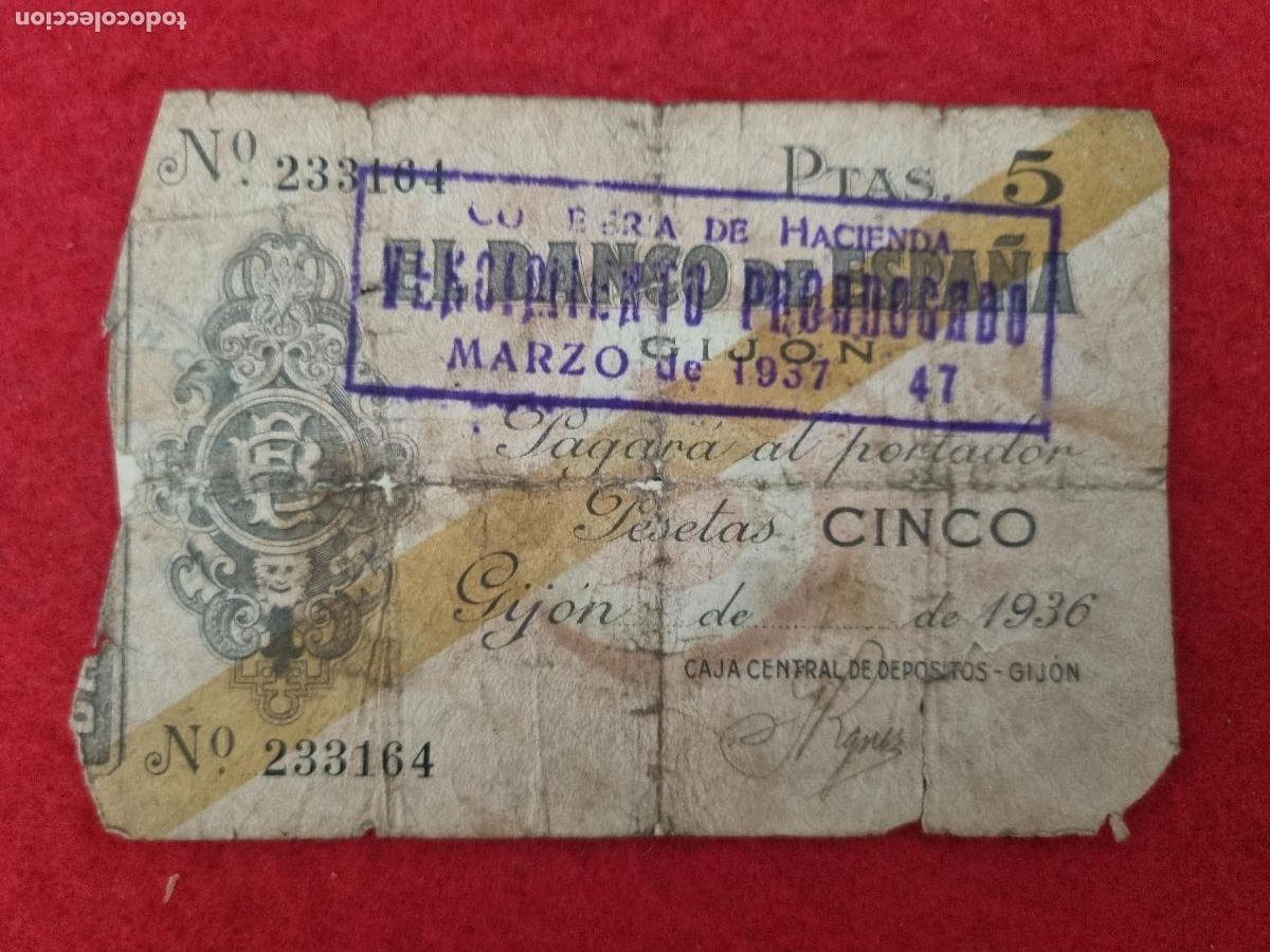 Notas espanholas: BILLETE BANCO DE GIJON 1936 5 PESETAS BC- ORIGINAL T164
