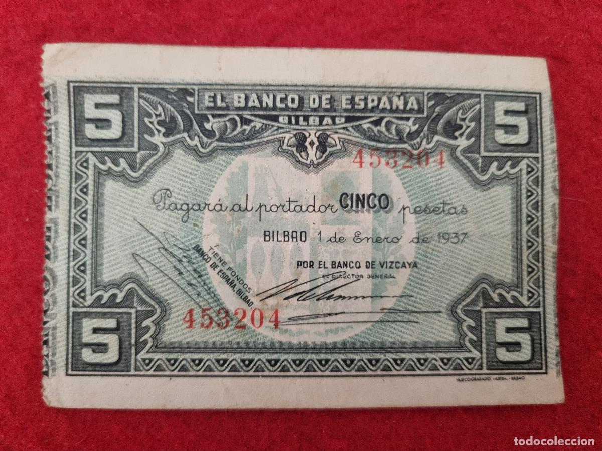 Notas espanholas: BILLETE BANCO DE BILBAO 5 PESETAS 1937 MBC ORIGINAL T204