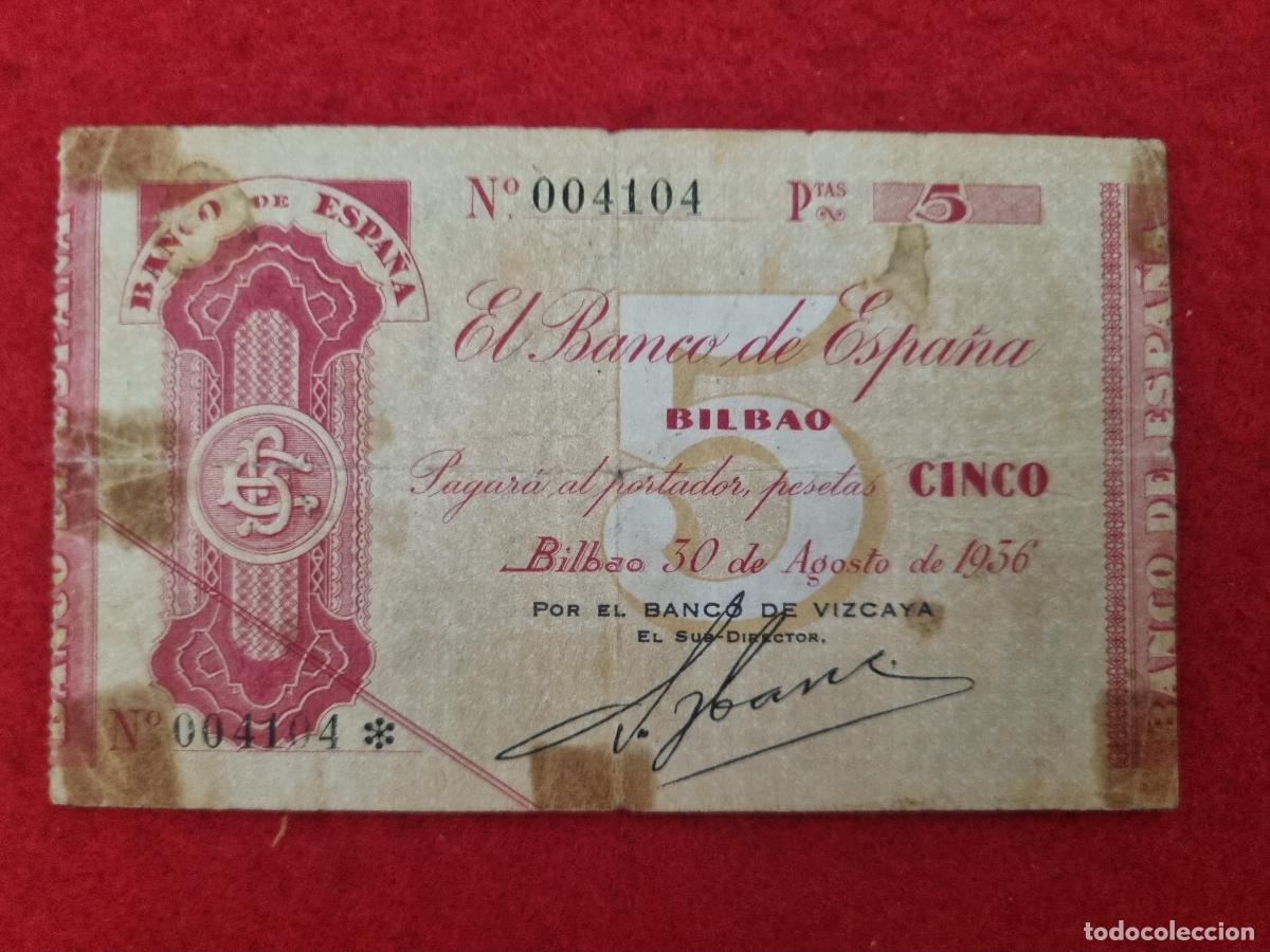 Billetes espa&ntilde;oles: BILLETE BANCO DE BILBAO 5 PESETAS 1936 MBC- ORIGINAL T104