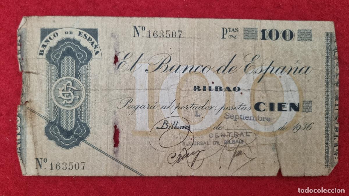 Billetes espa&ntilde;oles: BILLETE BANCO DE BILBAO 100 PESETAS 1936 MBC- ORIGINAL T507