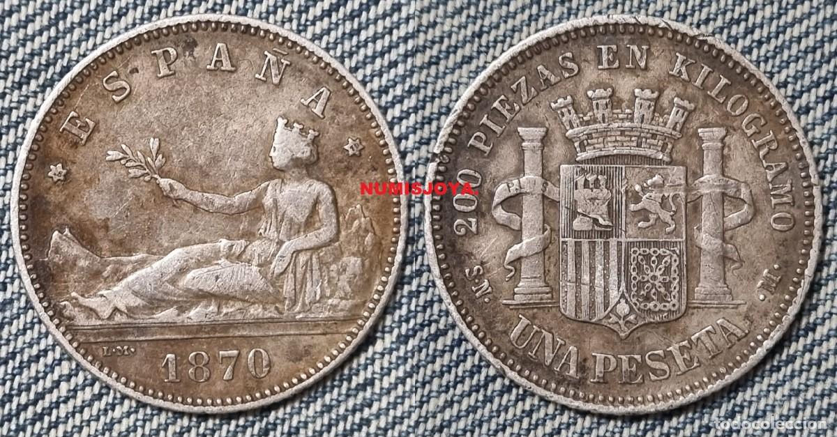 Billetes espa&ntilde;oles: 1 Peseta plata a&ntilde;o 1870*1870 SN M. Leyenda ESPA&Ntilde;A. Peso 4,92 gr. MBC/MBC+. BONITA MONEDA CON P&Aacute;TINA