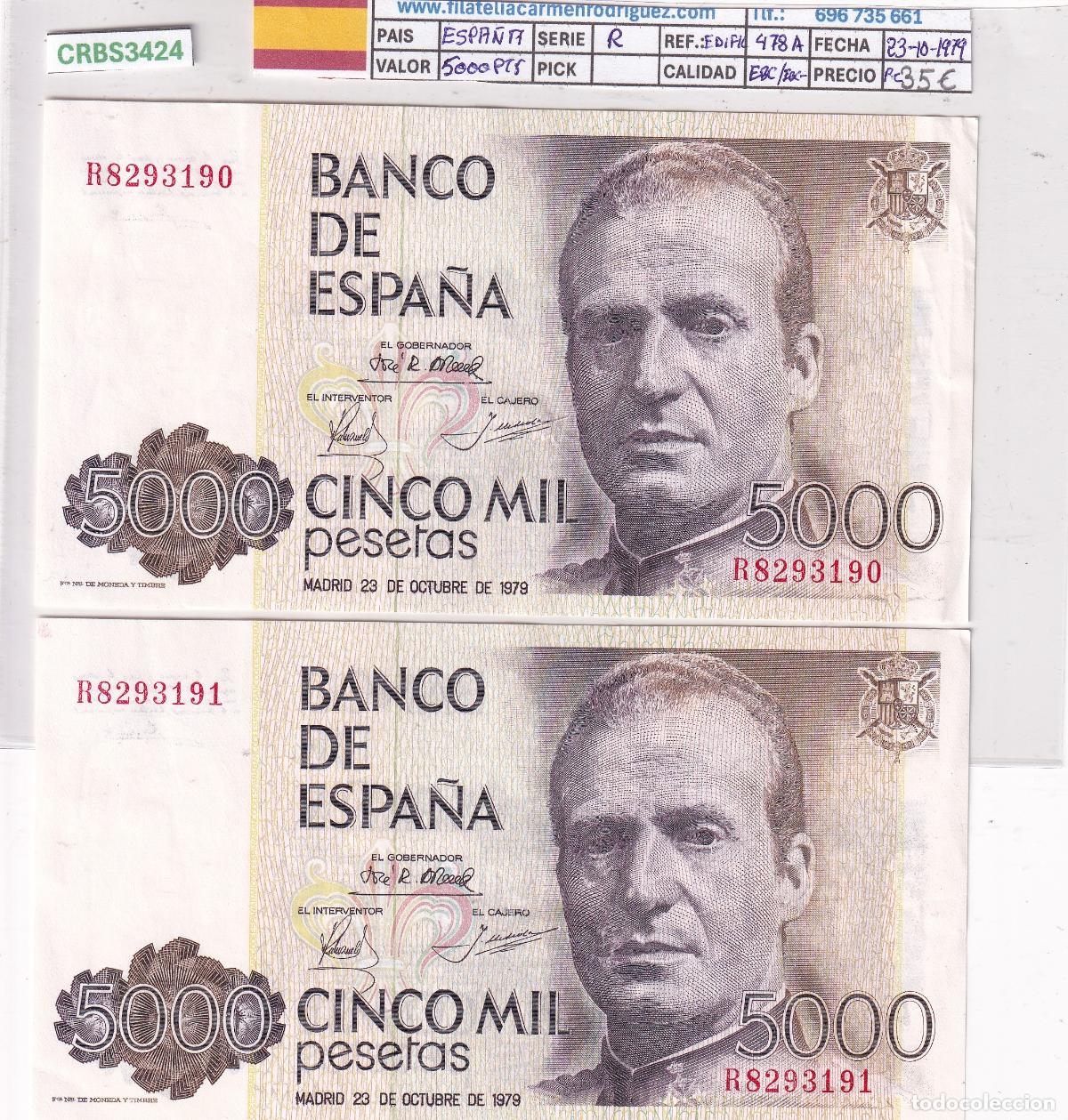 Billetes espa&ntilde;oles: CRBS3424 PAREJA CORRELATIVA BILLETES ESPA&Ntilde;A 5000 PESETAS 1979 SERIE R EBC-EBC-